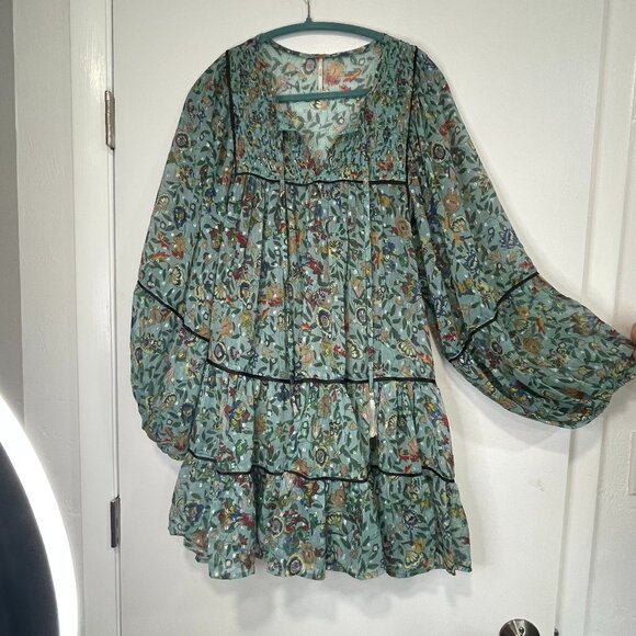 Free People Size M • Aqua Floral Lurex Boho Tunic Dress Balloon Sleeve - Picture 1 of 9